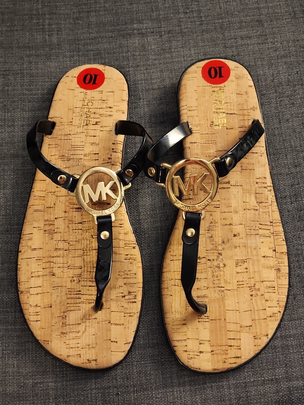 Michael Kors Black Patent T-Strap Sandals with Gold MK Logo